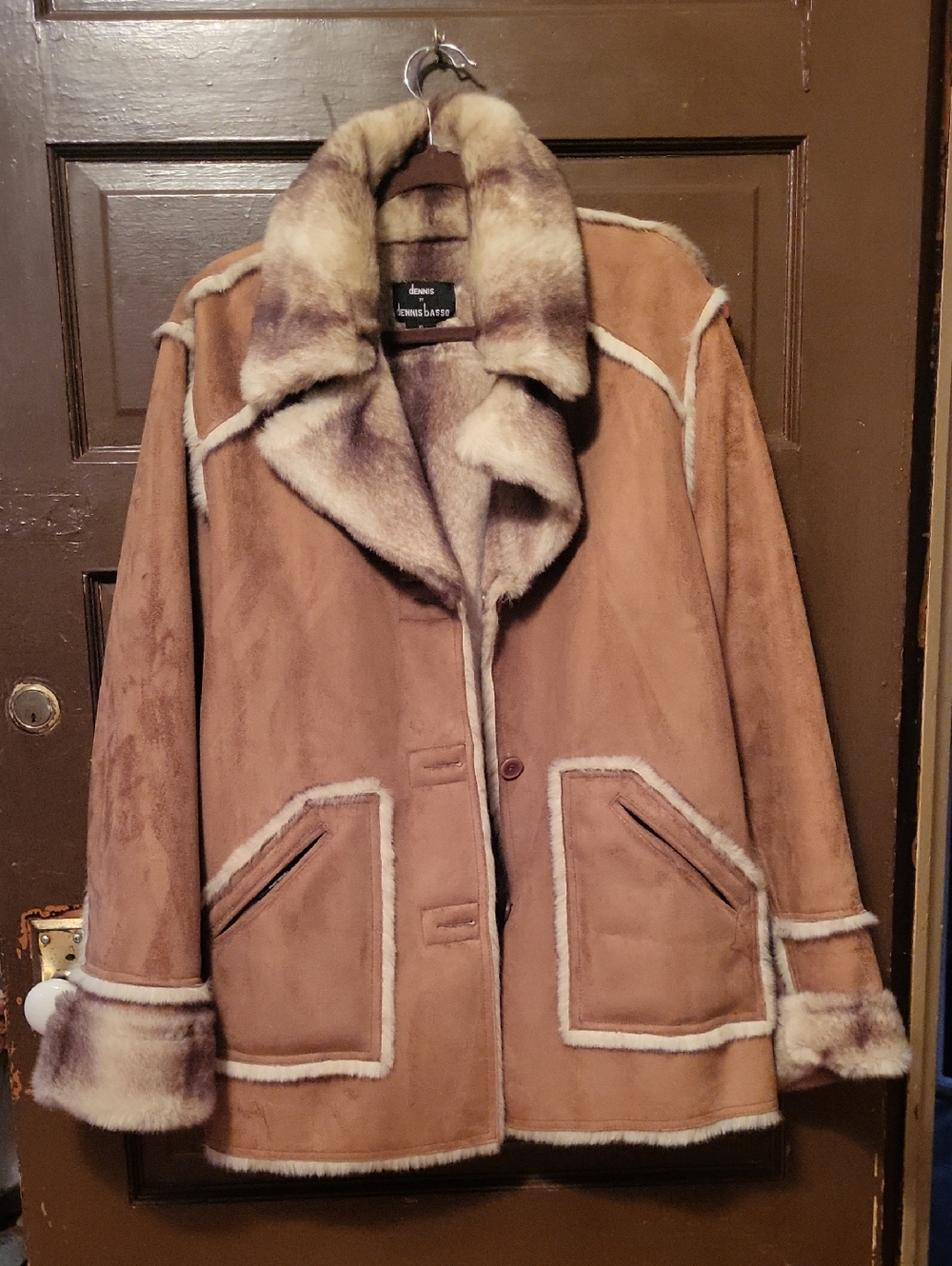 dennis basso Tan Teddy Shearling Coat with Cream Trim